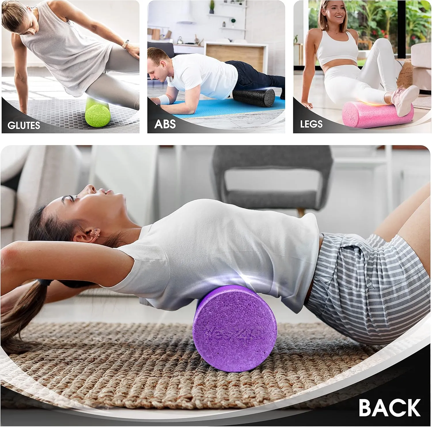 Yes4All High-Density Round Back Roller Foam, Exercise Foam Roller for Yoga, Pilates & Stretching - 12, 18, 24, 36 inch
