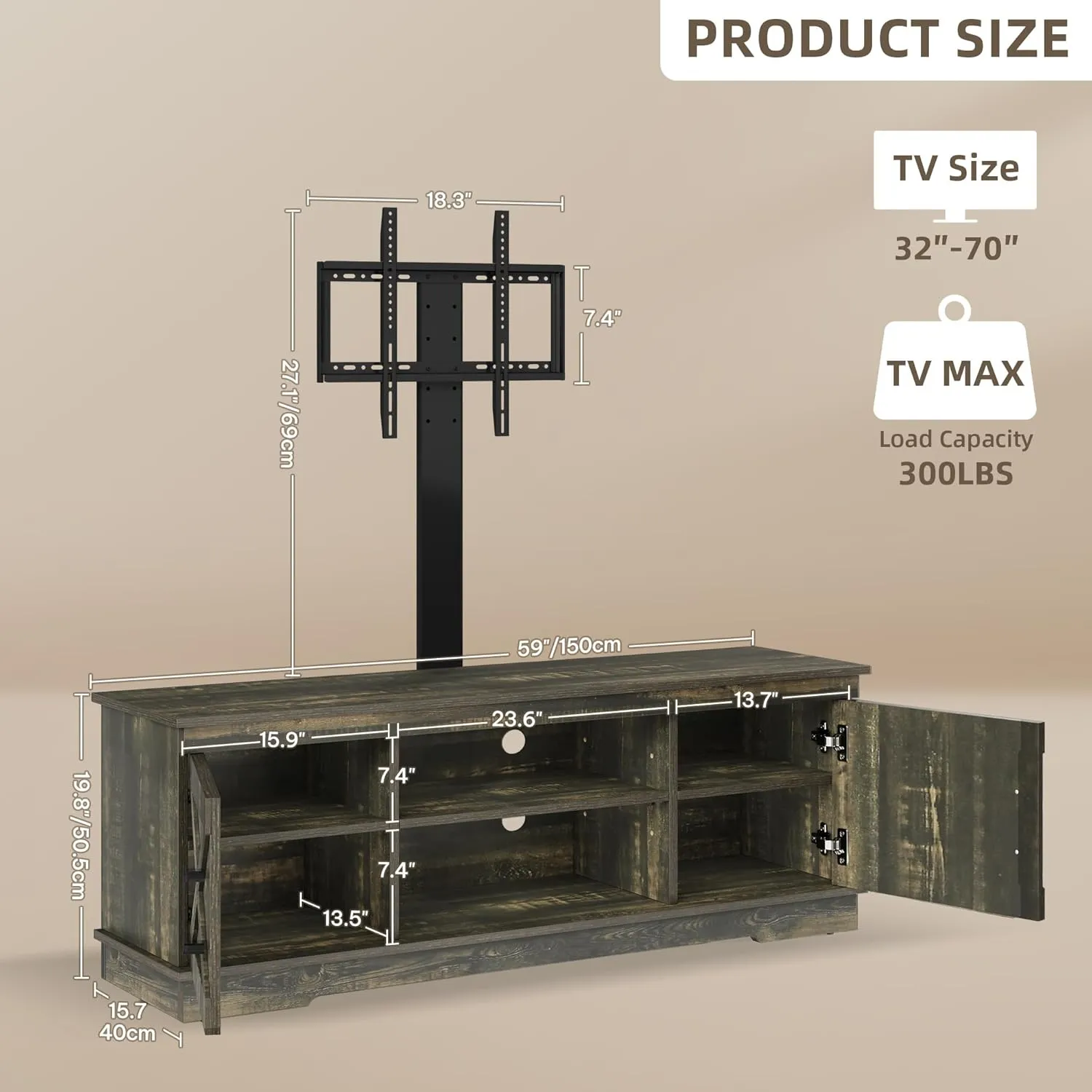 YITAHOME Farmhouse TV Stand with Mount, Sturdy TV Stand Mount for 32/45/55/60/65/70 inch TVs, Entertainment Center with Adjustable Shelf, TV Cabinet Media Console for Living Room, Dark Rustic Oak