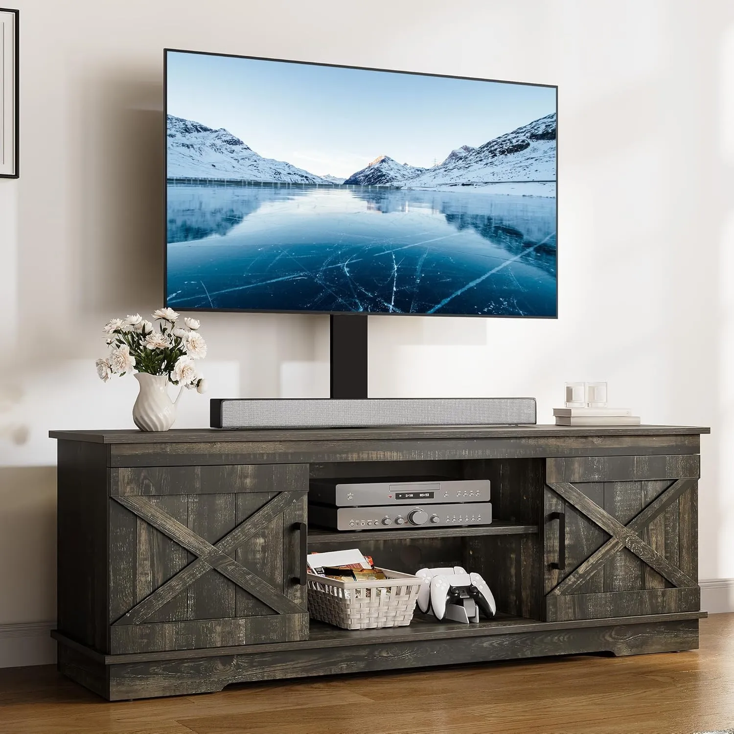 YITAHOME Farmhouse TV Stand with Mount, Sturdy TV Stand Mount for 32/45/55/60/65/70 inch TVs, Entertainment Center with Adjustable Shelf, TV Cabinet Media Console for Living Room, Dark Rustic Oak