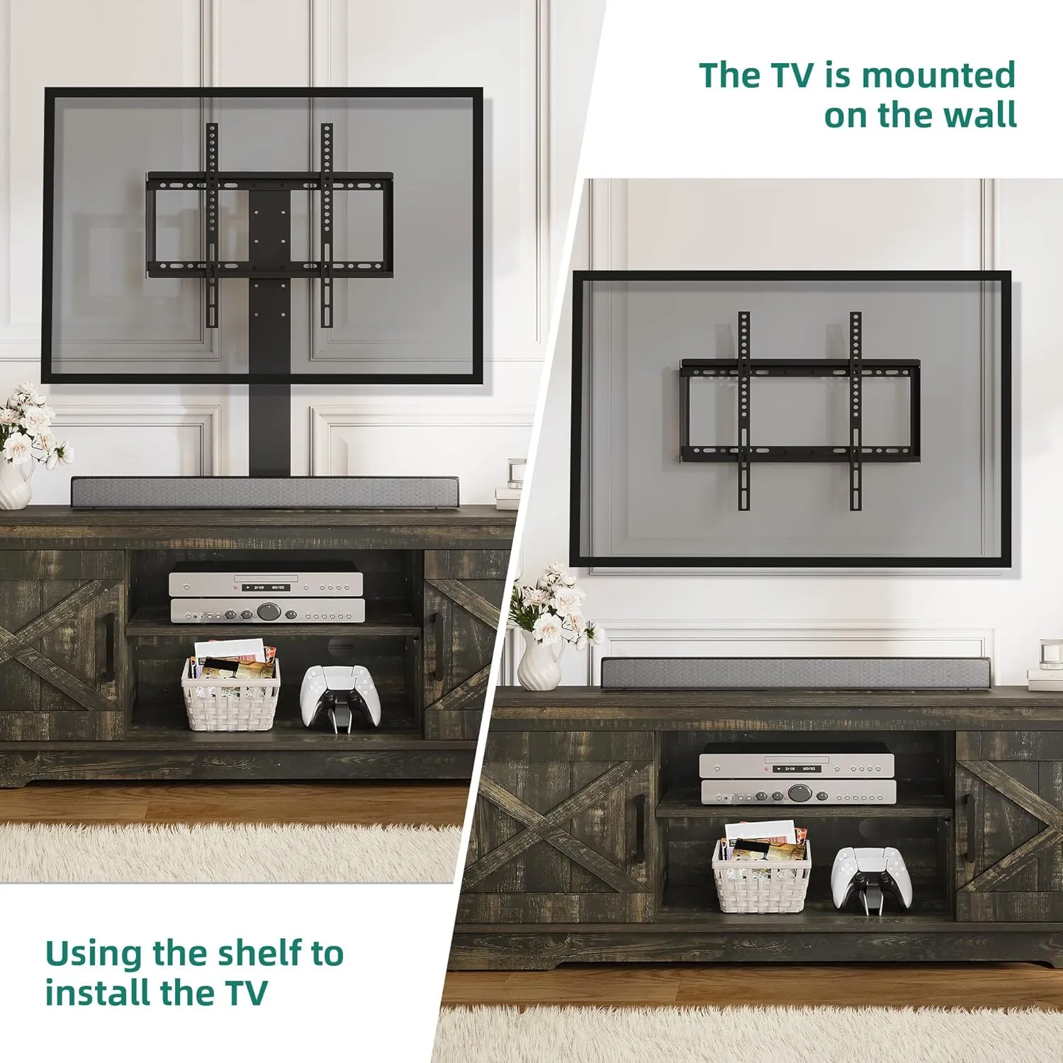 YITAHOME Farmhouse TV Stand with Mount, Sturdy TV Stand Mount for 32/45/55/60/65/70 inch TVs, Entertainment Center with Adjustable Shelf, TV Cabinet Media Console for Living Room, Dark Rustic Oak
