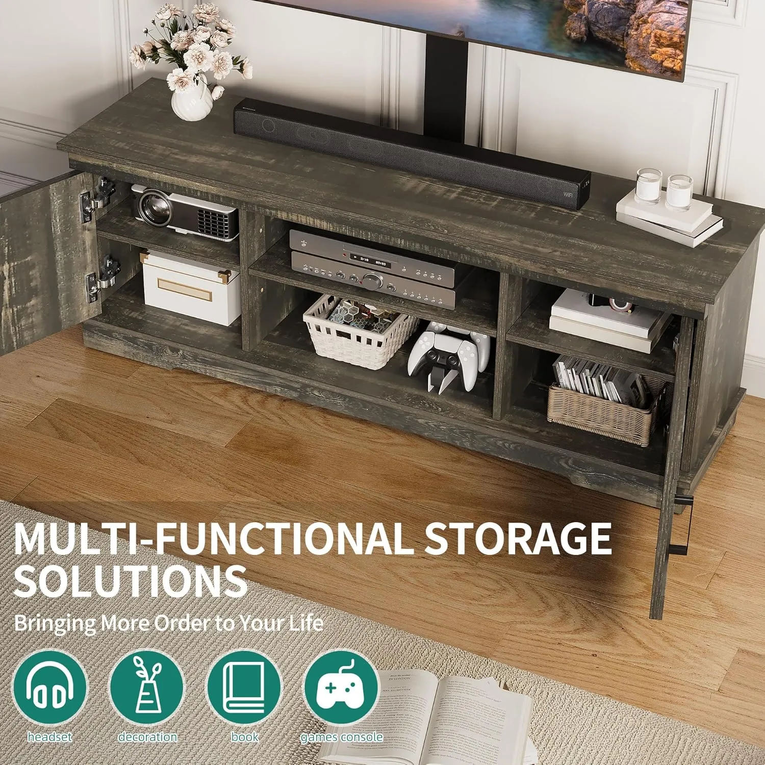 YITAHOME Farmhouse TV Stand with Mount, Sturdy TV Stand Mount for 32/45/55/60/65/70 inch TVs, Entertainment Center with Adjustable Shelf, TV Cabinet Media Console for Living Room, Dark Rustic Oak