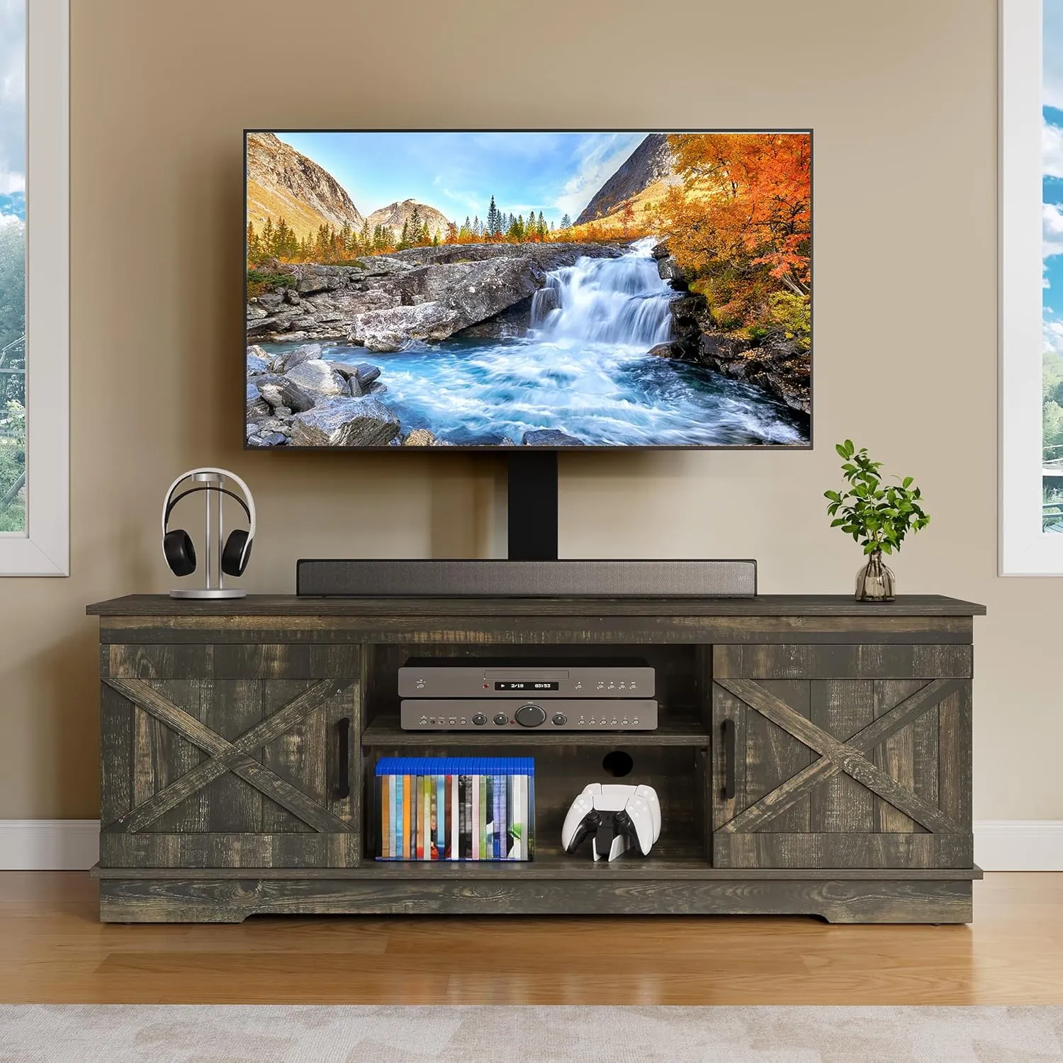 YITAHOME Farmhouse TV Stand with Mount, Sturdy TV Stand Mount for 32/45/55/60/65/70 inch TVs, Entertainment Center with Adjustable Shelf, TV Cabinet Media Console for Living Room, Dark Rustic Oak
