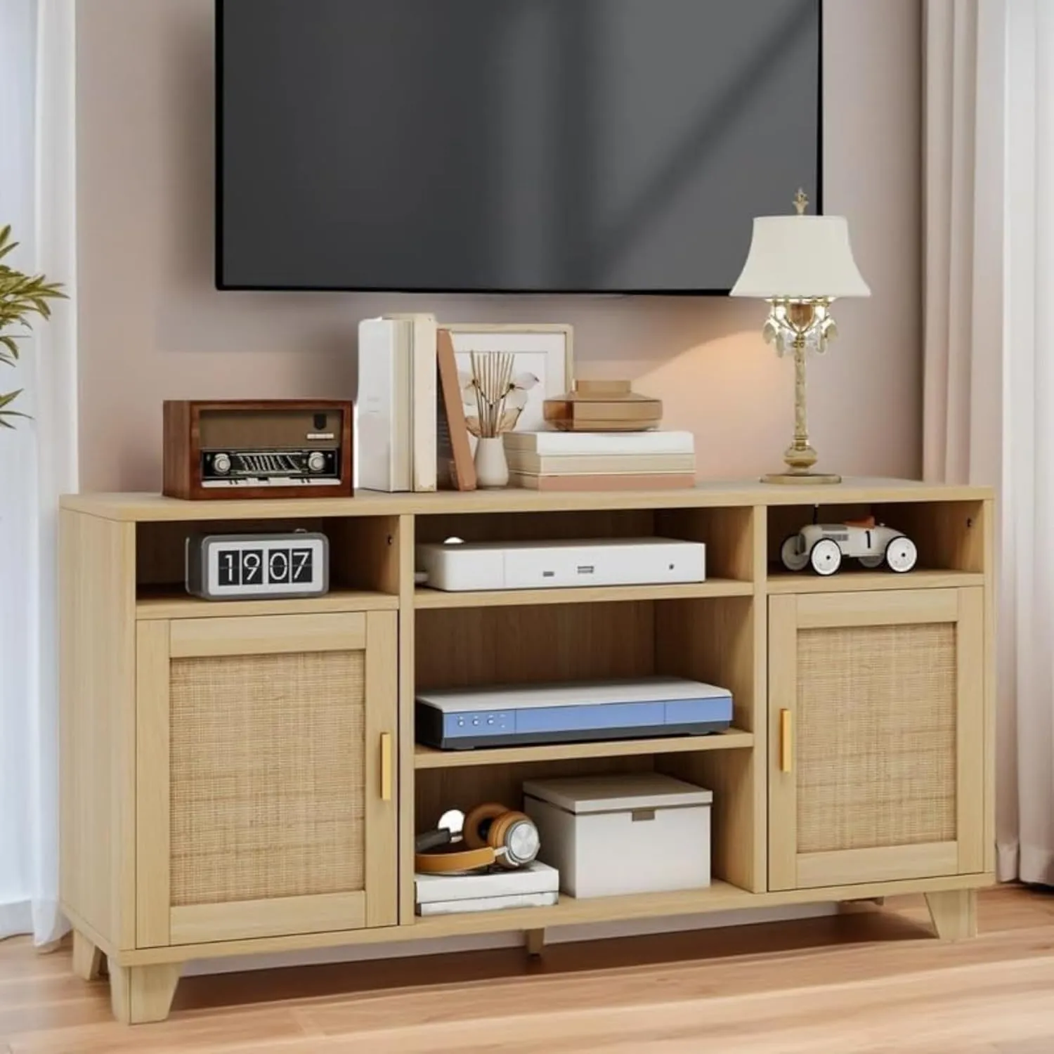 YITAHOME TV Stand for 65 Inch TV, Boho Entertainment Center with Rattan Doors, Storage Cabinets and Open Shelves, Long Boho Media Console for Living Room