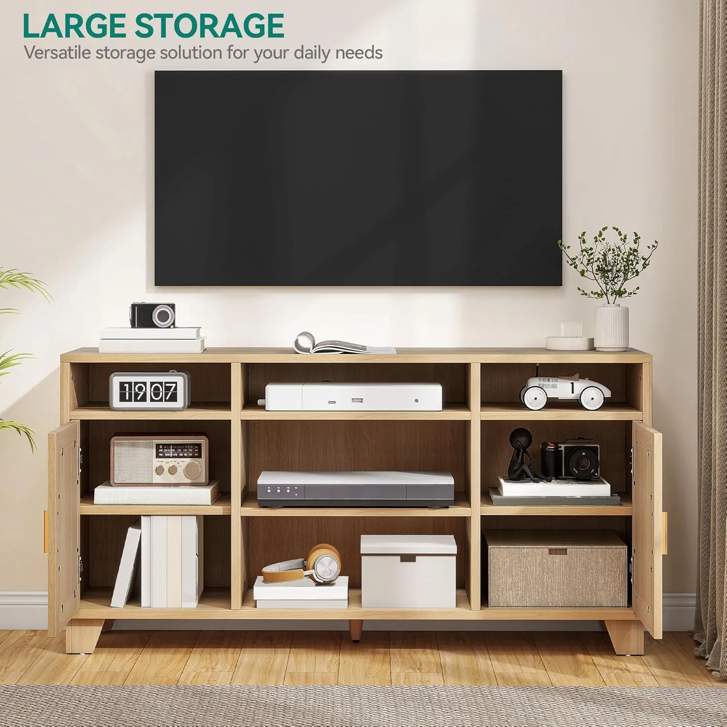 YITAHOME TV Stand for 65 Inch TV, Boho Entertainment Center with Rattan Doors, Storage Cabinets and Open Shelves, Long Boho Media Console for Living Room