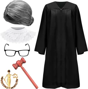 Zhanmai 6 Pcs Judge Halloween Costume Accessory, Including Black Judge Robe Judge Wooden Gavel Judge Choker Pin Lace False Collar Gray Wig Glasses Frame for Halloween Adult Judge Cosplay Party Favors