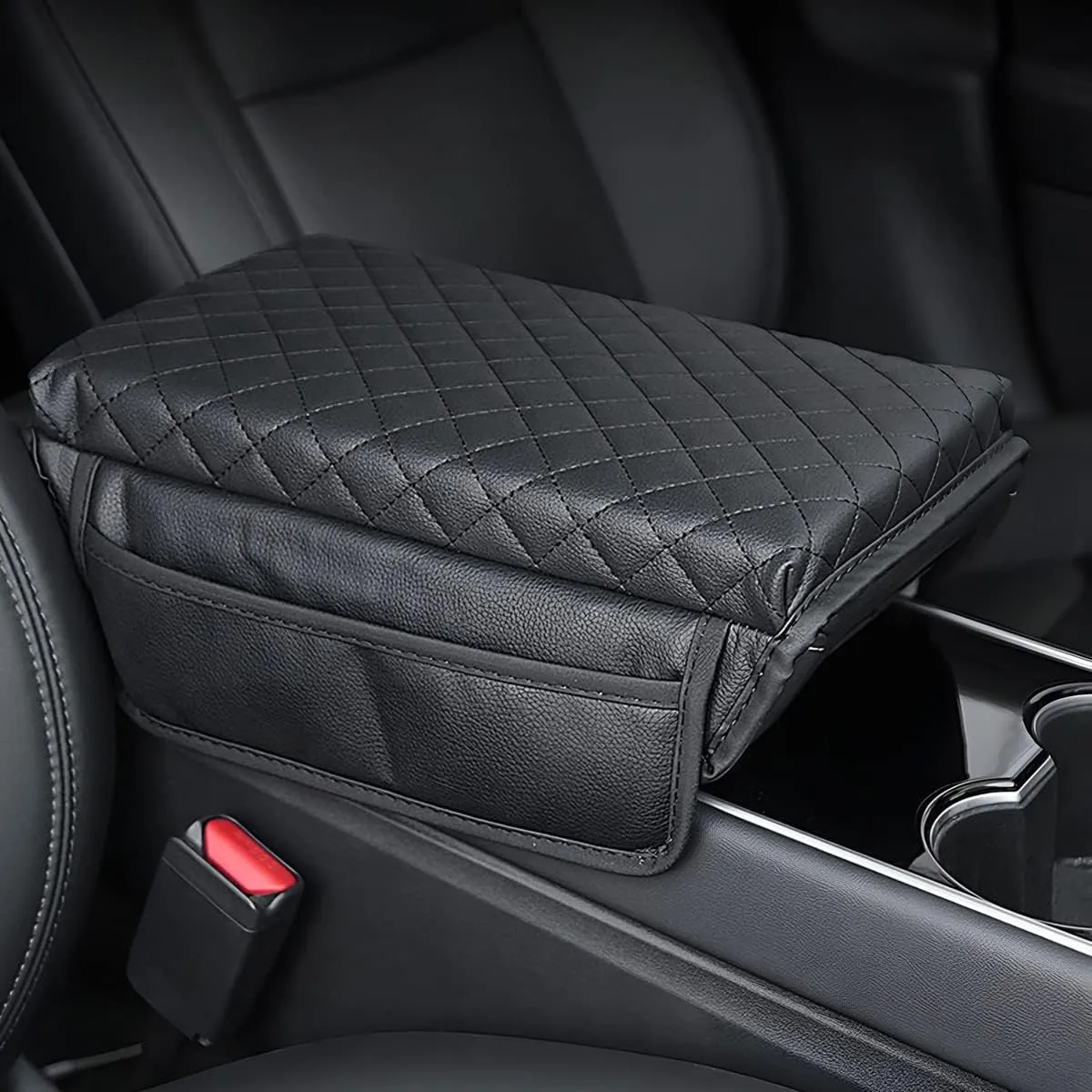 zipelo Car Armrest Cushion, Carbon Fiber Leather Auto Center Console Pad, Memory Foam Armrest Box with Storage Bag, Hand Rest Pillow with Organizer Pockets, Universal Fit for Most Vehicles (Gray)