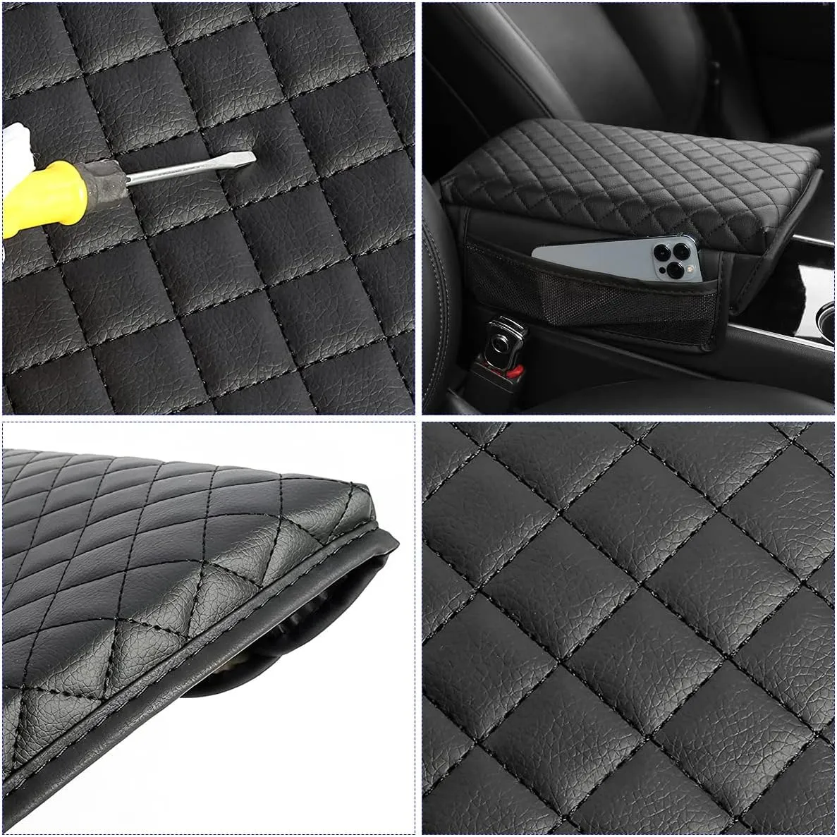 zipelo Car Armrest Cushion, Carbon Fiber Leather Auto Center Console Pad, Memory Foam Armrest Box with Storage Bag, Hand Rest Pillow with Organizer Pockets, Universal Fit for Most Vehicles (Gray)