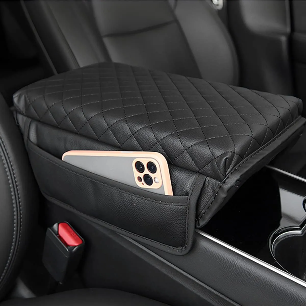 zipelo Car Armrest Cushion, Carbon Fiber Leather Auto Center Console Pad, Memory Foam Armrest Box with Storage Bag, Hand Rest Pillow with Organizer Pockets, Universal Fit for Most Vehicles (Gray)